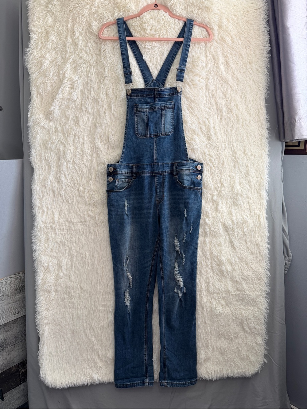 Eighty Two Womens Distressed Denim Overalls Size 9 Medium Wash Streetwear Grunge